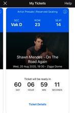 2x Shawn Mendes tickets | ZIGGO DOME 2025, Tickets en Kaartjes, Twee personen