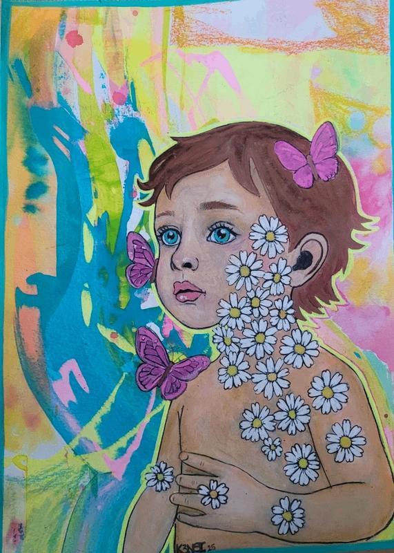 Wildflower Child A3 formaat- Atelierstuk mixedmedia, Antiek en Kunst, Kunst | Schilderijen | Klassiek, Verzenden