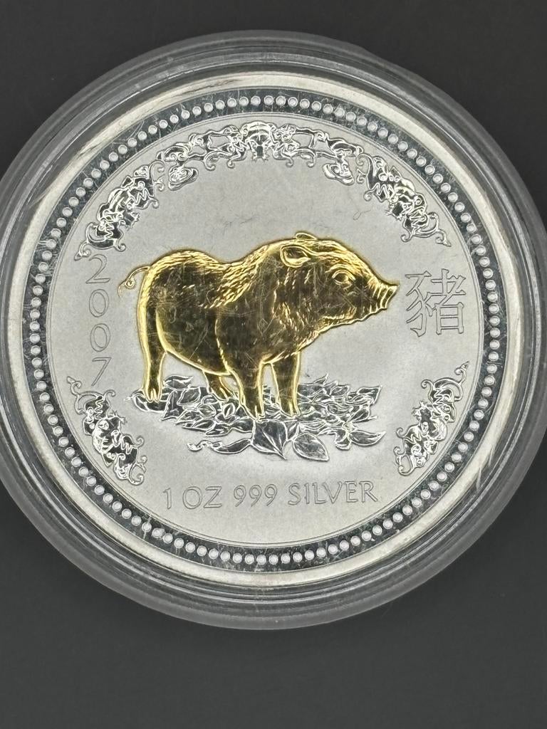 Lunar 1 - 1oz year of the pig 2007 - gilded - blad goud, Postzegels en Munten, Edelmetalen en Baren, Goud, Ophalen of Verzenden
