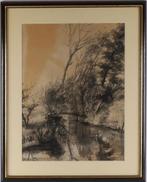 Johan Dijkstra(1896)Gewassen Tekening "Wilgen aan sloot" Ges, Ophalen of Verzenden