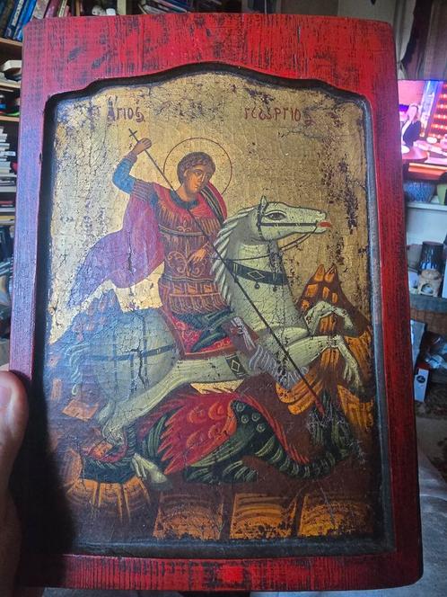 Houten Icoon Sint Joris - Griekenland ca. 1950, Antiek en Kunst, Antiek | Religie, Ophalen of Verzenden