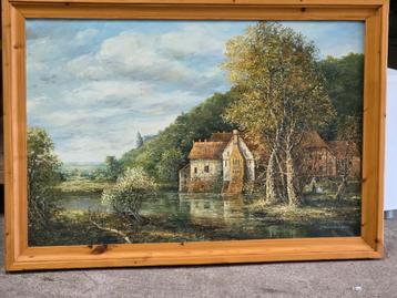 Schilderij - Landschap met Huizen aan het Water beschikbaar voor biedingen