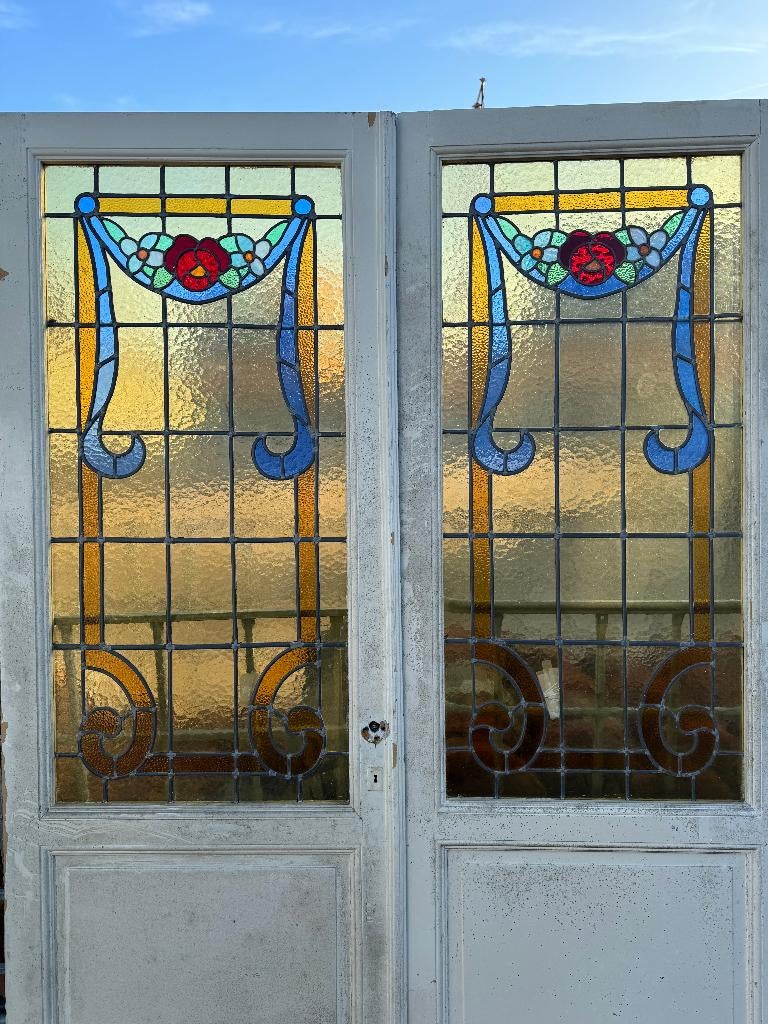 Set Jugendstil openslaande glas in lood deuren 217x159cm, Ophalen