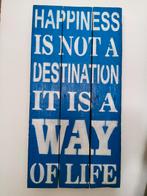Blue wallboard with white text, 60x30cm, on wood, Ophalen of Verzenden, Zo goed als nieuw