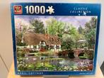 Puzzel idyllisch cottage in april voorjaar vijver prieeltje, Ophalen of Verzenden, 500 t/m 1500 stukjes, Gebruikt, Legpuzzel