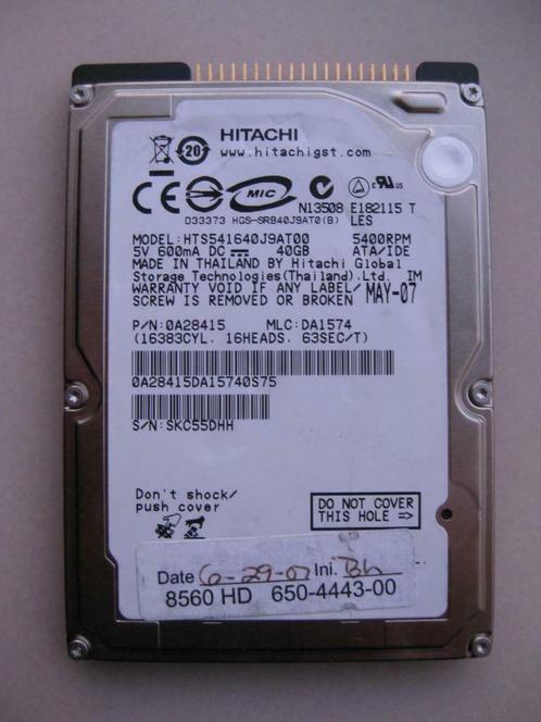 Hitachi HTS541640J9AT00 40GB 2,5" IDE laptop harddisk, Computers en Software, Harde schijven, Gebruikt, Laptop, Intern, HDD, IDE