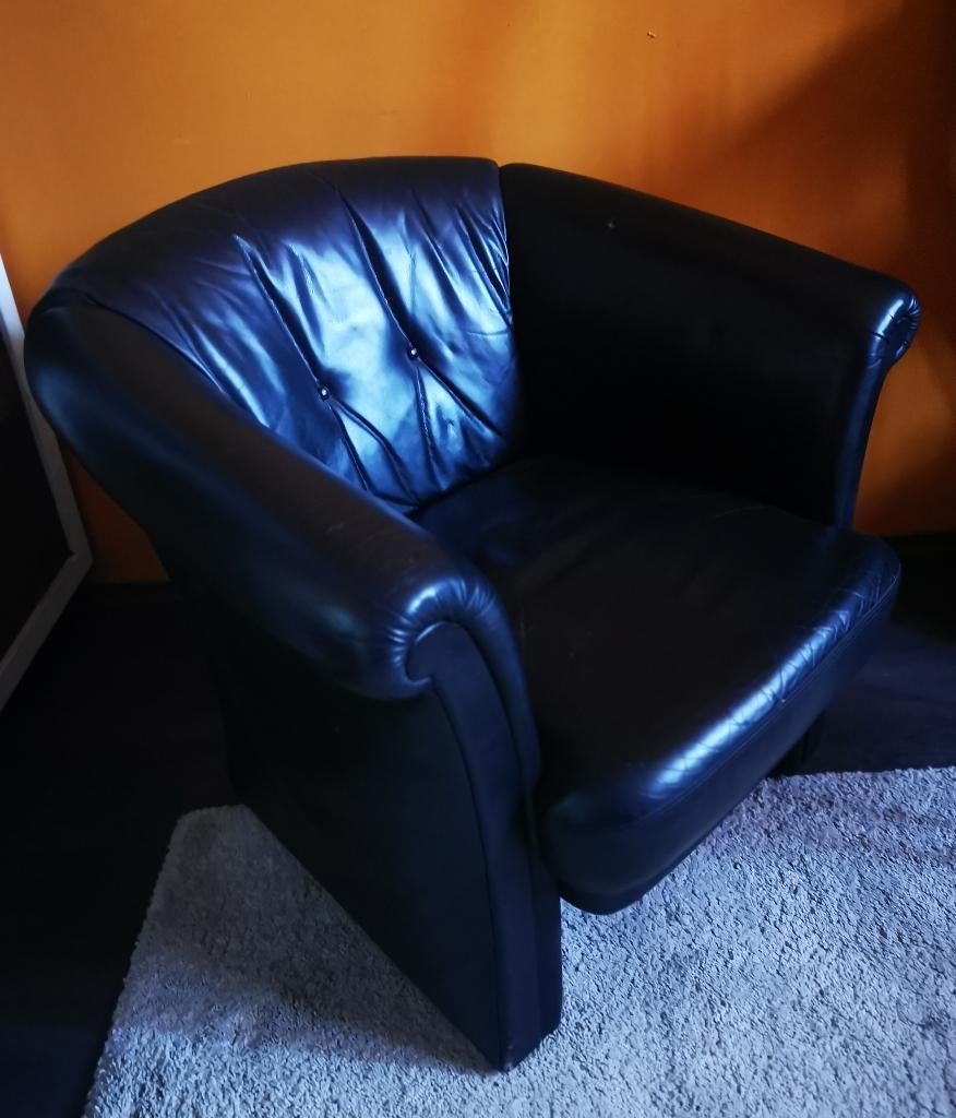 Zwarte echt leren fauteuil / clubstoel, Ophalen, Gebruikt, 50 tot 75 cm, Club style