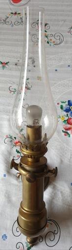 Koperen antieke wandscheepslamp met glazen kap, Antiek en Kunst, Ophalen of Verzenden