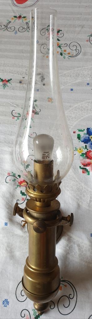 Koperen antieke wandscheepslamp met glazen kap, Antiek en Kunst, Antiek | Lampen, Ophalen of Verzenden