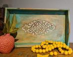 Houten dienblad houtsnijwerk boho ibiza turquoise wit, Huis en Inrichting, Woonaccessoires | Dienbladen, Ophalen of Verzenden