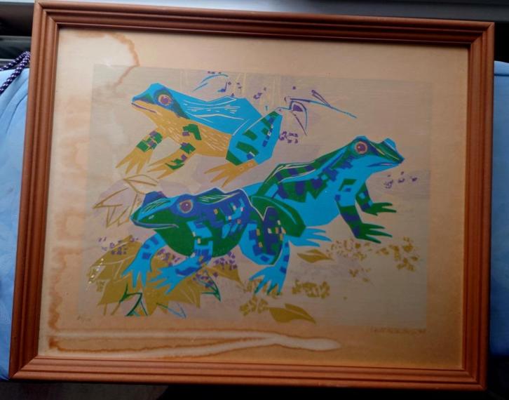 Groot hout/linosnede. Kikkers 1968, Noteboom?, Antiek en Kunst, Kunst | Etsen en Gravures, Ophalen of Verzenden