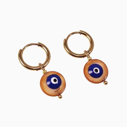 Ø14mm Oorringen + Bruine Ronde Schelp Hanger Verguld Stalen, Sieraden, Tassen en Uiterlijk, Oorbellen, Nieuw, Hangers, Overige materialen