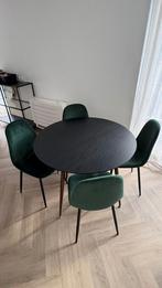 Ronde eettafel + 4 groene velvet stoelen, Ophalen, Zo goed als nieuw, Modern, 4 tot 6 stoelen