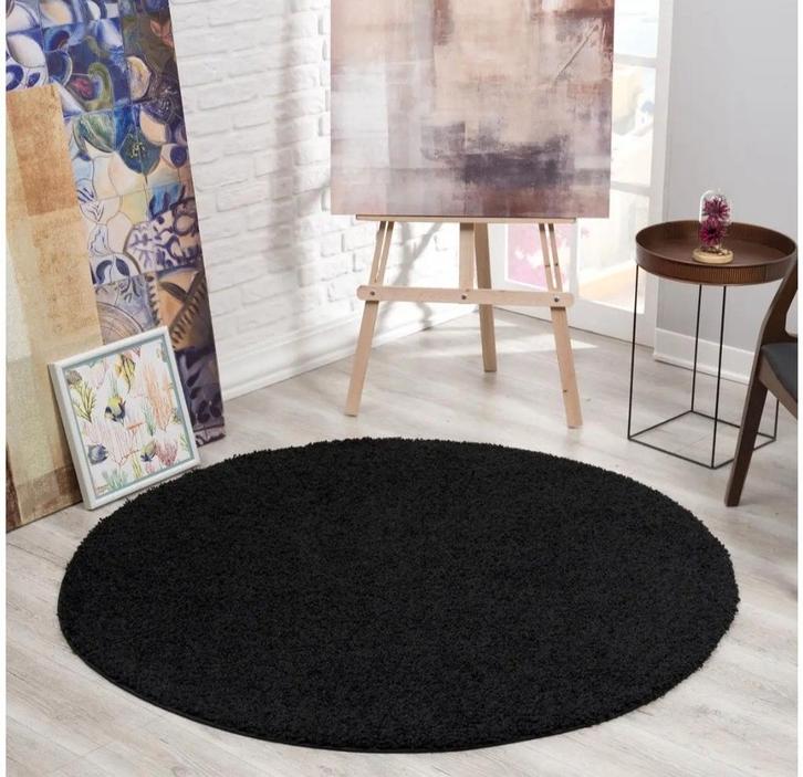 Zwart Rond Hoogpolig Vloerkleed 200x200 cm - Zacht en Modern, Huis en Inrichting, Stoffering | Tapijten en Kleden, Zo goed als nieuw