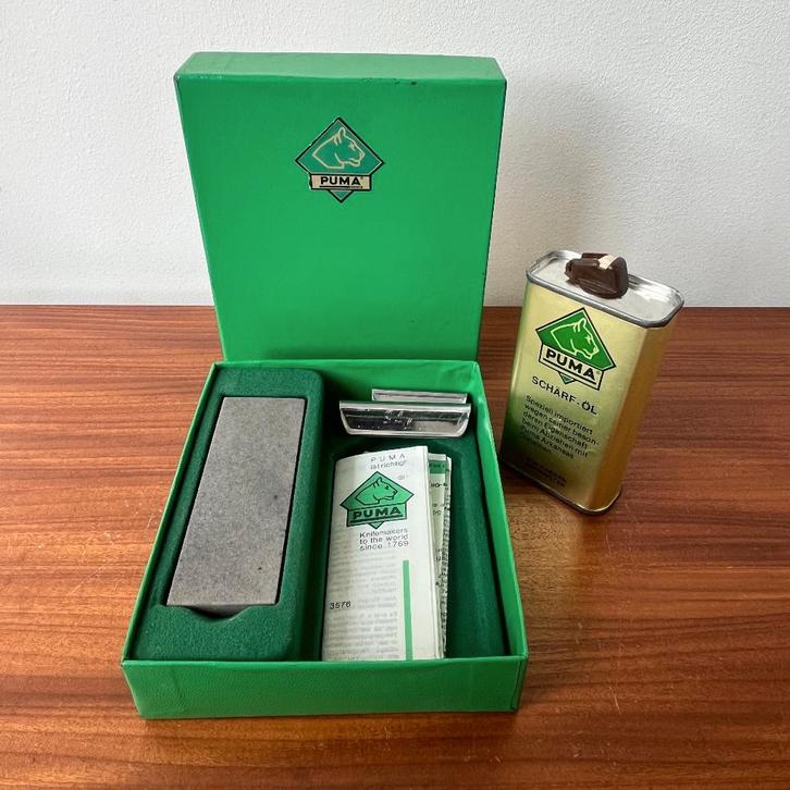 jaren 70 Puma messenslijpset wetsteen en olie, Huis en Inrichting, Keuken | Keukenbenodigdheden, Zo goed als nieuw, Ophalen of Verzenden