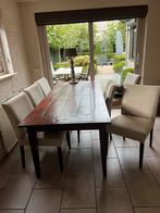 Teakhouten eettafel en 6 gestoffeerde stoelen, Ophalen, Gebruikt, 4 tot 6 stoelen