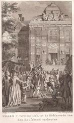 Willem V. vertoont zich, tot de Ridderorde v.d.Kouseband ver, Antiek en Kunst, Kunst | Etsen en Gravures, Ophalen of Verzenden