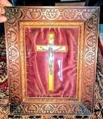 Antieke mooie ingelijste Jezus achter bol glas 34cm x 28cm, Ophalen of Verzenden
