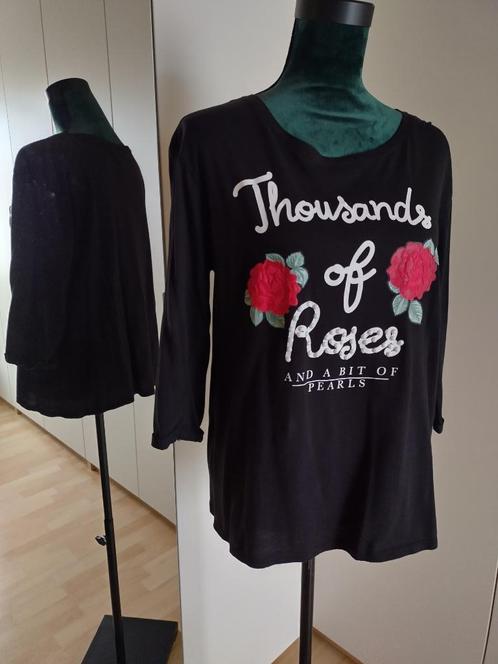 Te koop aangeboden: dames shirt met driekwart mouw en opdruk, Kleding | Dames, T-shirts, Zo goed als nieuw, Maat 38/40 (M), Zwart