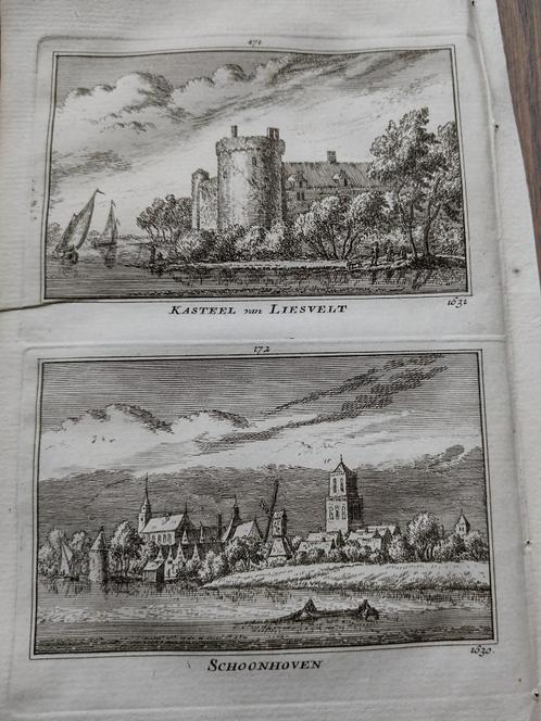 171/172/ Liesveld Schoonhoven het Kasteel gravure 18e Eeuw, Antiek en Kunst, Kunst | Etsen en Gravures, Ophalen of Verzenden