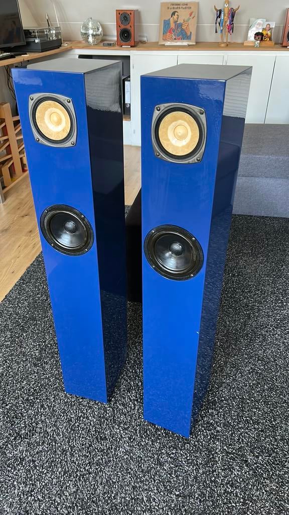 Mooie blauwe luidsprekers, Zo goed als nieuw, Minder dan 60 watt, Front, Rear of Stereo speakers, Ophalen