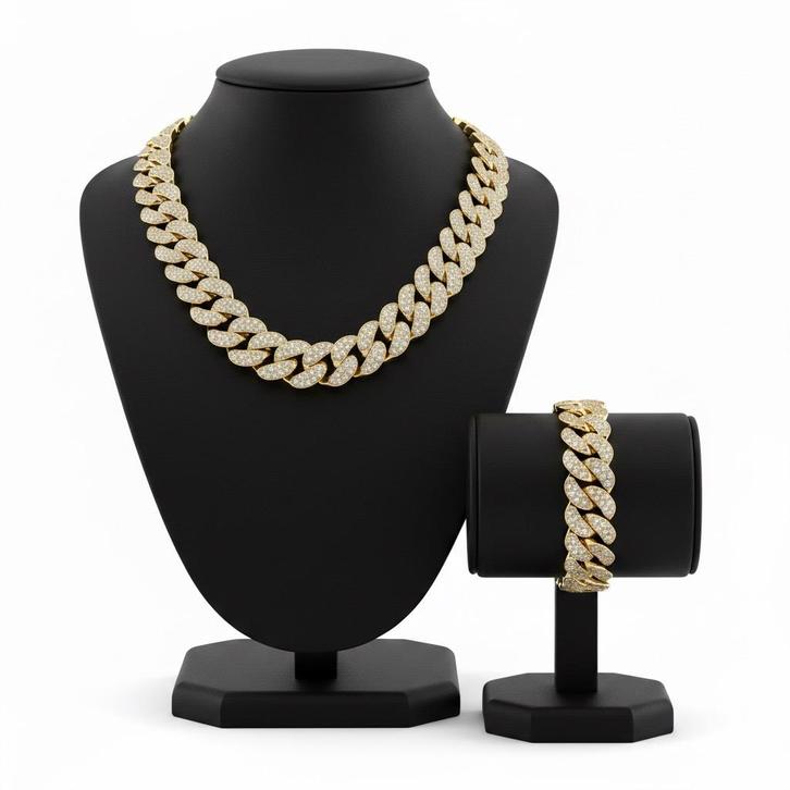 Cuban Link Iced Out Set – Ketting 55 cm + Armband 20 cm, Sieraden, Tassen en Uiterlijk, Kettingen, Nieuw, Overige materialen, Goud
