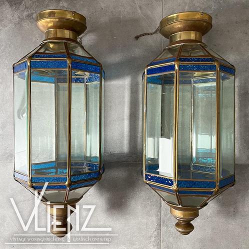 Twee vintage, Oosterse grote lantaarns, lampen, facet glas, Huis en Inrichting, Lampen | Hanglampen, Gebruikt, 50 tot 75 cm, Glas
