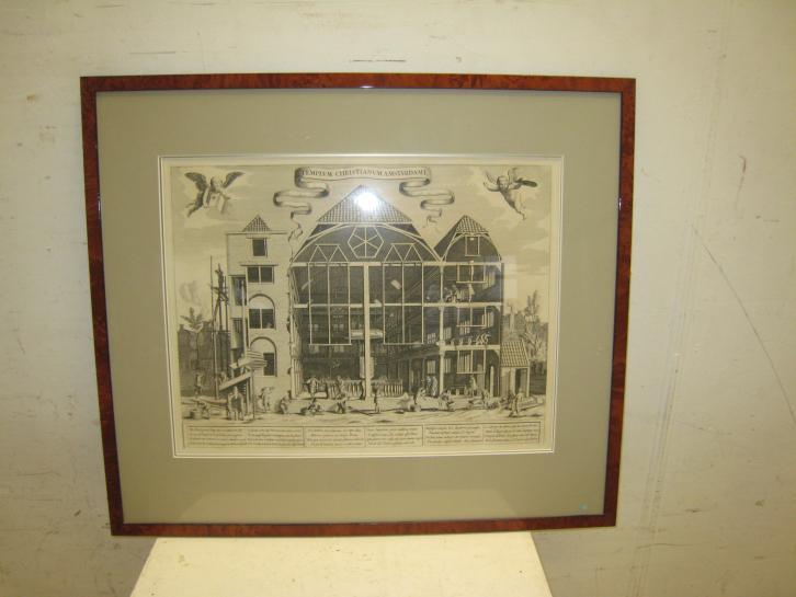 Prent van de bouw van de remonstrantse kerk in A'dam, 75x65, Antiek en Kunst, Kunst | Schilderijen | Abstract