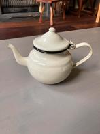 Vintage brocante emaille theepotje creme met zwarte bies, Ophalen of Verzenden