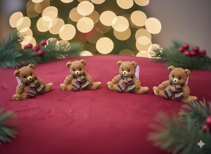 4x Kerst Servetringen Beren met Sjaal - Vintage, Huis en Inrichting, Woonaccessoires | Kandelaars en Kaarsen, Gebruikt, Minder dan 25 cm