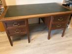 Eiken houten bureau 4 lades met groen leren blad vintage, Ophalen, Gebruikt, Bureau