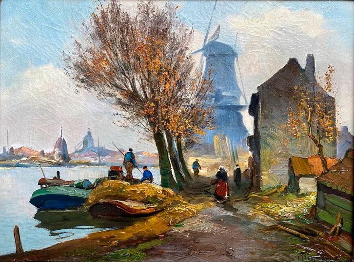 Bedrijvigheid bij Rotterdamse molen. Ch Snijders (1881-1943), Antiek en Kunst, Kunst | Schilderijen | Klassiek, Ophalen