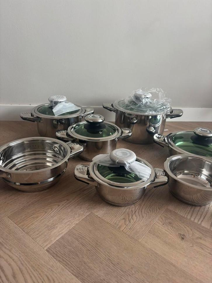 Pannenset met ingebouwde thermometer, Huis en Inrichting, Keuken | Potten en Pannen, Zo goed als nieuw, Pannenset, Rvs, Ophalen