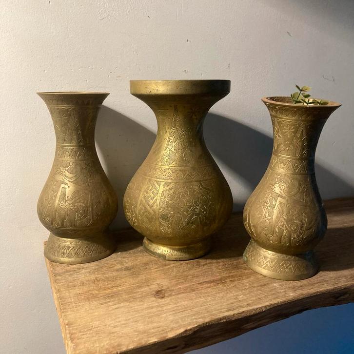 Vintage Koperen Vazen Set - Wajong Gegraveerd Design, Antiek en Kunst, Antiek | Vazen, Ophalen of Verzenden