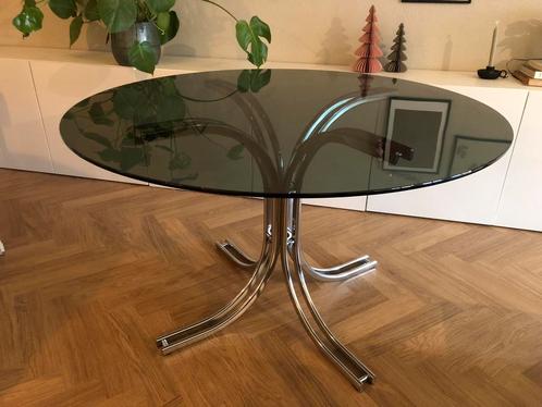 Italiaanse vintage ronde design tafel | glazen blad 120 cm, Huis en Inrichting, Tafels | Eettafels, Zo goed als nieuw, 100 tot 150 cm