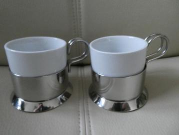 2 Espresso kopjes porseleinen/RVS houder (Nieuw) beschikbaar voor biedingen