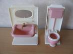 Roze Vintage Poppenhuis Badkamer Set Toilet / WC & Wastafel, Verzamelen, Poppenhuizen en Toebehoren, Sanitair, Gebruikt, Verzenden