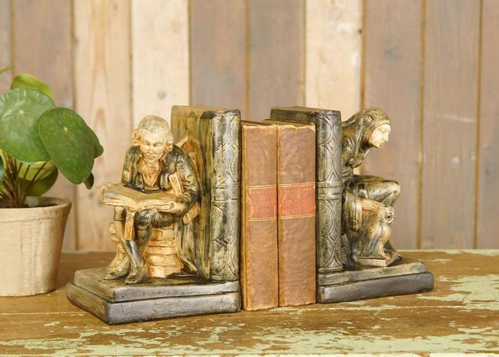 Set van twee brocante boekensteunen – 'geleerde en nar uil', Antiek en Kunst, Curiosa en Brocante, Ophalen of Verzenden