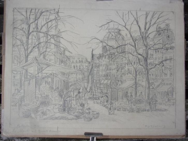 Rensburg, Eug- Rotterdam 1910.De Markt met Groente kraampjes, Antiek en Kunst, Kunst | Etsen en Gravures, Ophalen of Verzenden