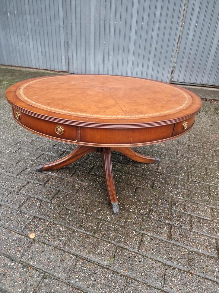 Klassieke ronde salontafel lederen inleg & leeuwenpootjes, Huis en Inrichting, Tafels | Salontafels, Zo goed als nieuw, Minder dan 50 cm