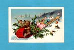 Pracht oude kerstkaart M260 - Teddy-beer/sleetje/kado's, Ophalen of Verzenden, Voor 1920, Ongelopen, Overige thema's