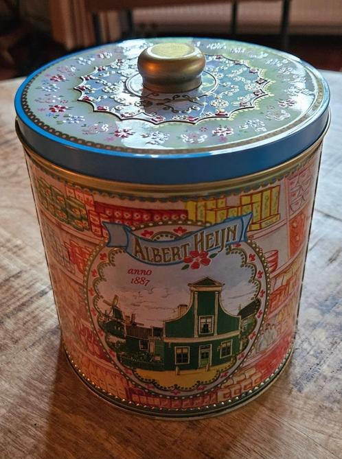 Nostalgisch Albert Heijn blik 125 jr. 15 x 13,5 cm, vintage!, Verzamelen, Blikken, Zo goed als nieuw, Koek(jes), Overige merken