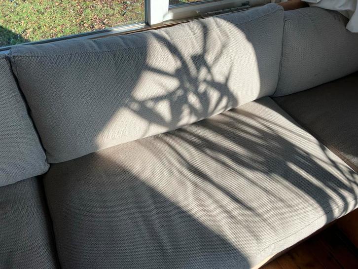 Loungeset met houten onderstel voor tuin/overkapping, Huis en Inrichting, Banken | Complete zithoeken, Gebruikt, Hout, Stof, Ophalen of Verzenden