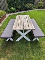 picknicktafel 80x170 en 2 bankjes met kussens, Ophalen, Gebruikt, Rechthoekig, Hout
