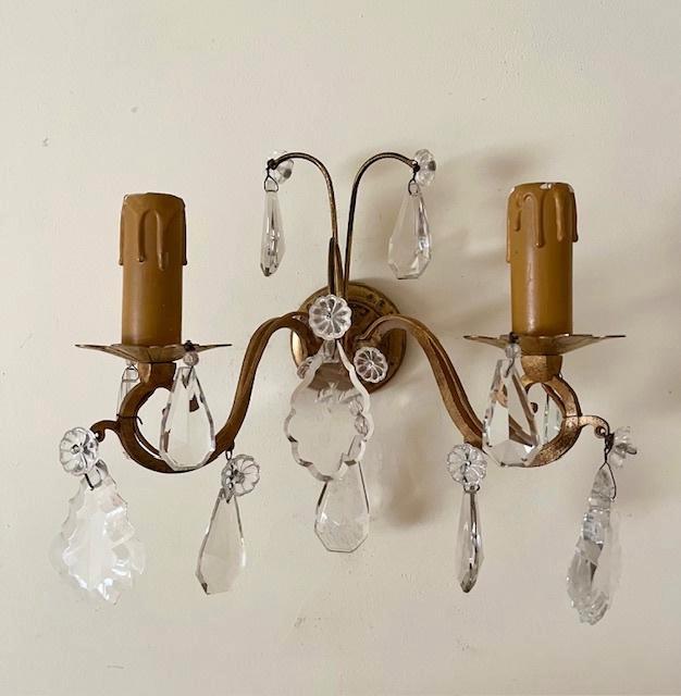Set antieke Franse wandlampen met kristalglazen pegels, Antiek en Kunst, Antiek | Lampen, Ophalen of Verzenden