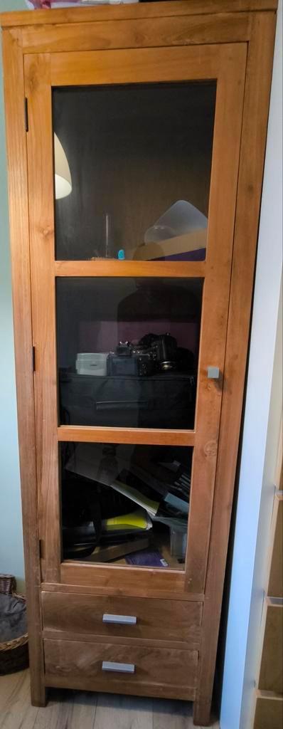 Teak houten vitrinekast met lades, Huis en Inrichting, Kasten | Vitrinekasten, Gebruikt, 150 tot 200 cm, 50 tot 100 cm, 25 tot 50 cm