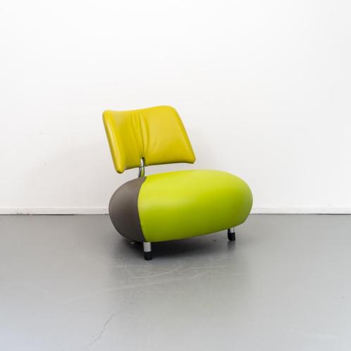 1x Leolux Pallone Fauteuil Groen/Grijs/Geel - Chroom, Huis en Inrichting, Fauteuils, Zo goed als nieuw, Leer, Metaal, 75 tot 100 cm