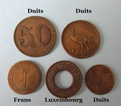 5 antieke koperen speelautomaat penningen / tokens, Postzegels en Munten, Penningen en Medailles, Overige materialen, Ophalen of Verzenden