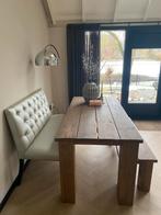 Eetkamerset met eettafel en eetkamerbanken, Ophalen, Gebruikt, Eikenhout, 50 tot 100 cm