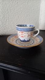 Chinees porseleinen rijstkorrel kop en schotel blauw roze, Ophalen of Verzenden